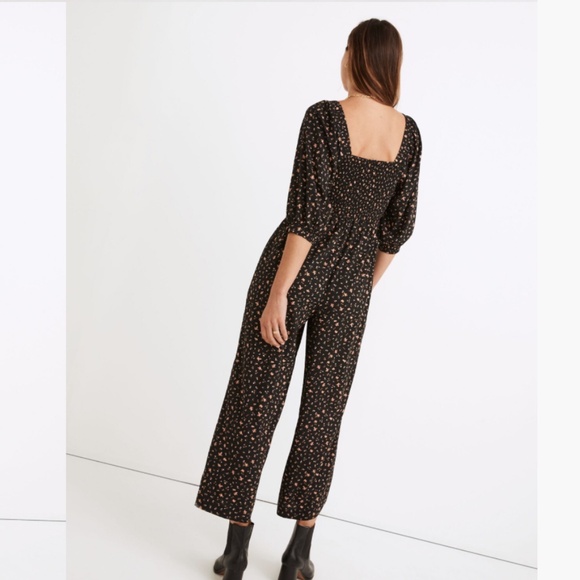 Madewell Lucie Elbow-Sleeve Smocked Wide-Leg Jumpsuit in Stem Scatter – Size 2 - Picture 2 of 12